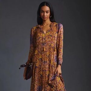NWT Anthropologie The Marais Printed Chiffon Maxi Dress - Size Medium - Gold